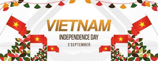 Vietnam Independence Day banner in modern geometric style. Wide banner for celebration day with flags and typography. National holiday celebration backgrounds. Happy Vietnam Independence Day vector