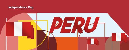Peru Independence Day banner in modern geometric style. Wide banner with typography and also country flag. Background for National holiday celebration party. Happy Independence Day of Peru vector