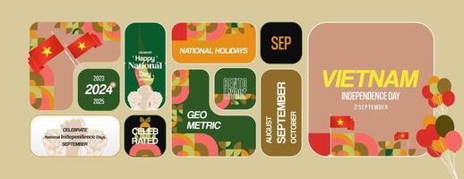 Vietnam Independence Day banner in modern geometric style. Wide banner for celebration day with flags and typography. National holiday celebration backgrounds. Happy Vietnam Independence Day vector