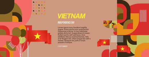 Vietnam Independence Day banner in modern geometric style. Wide banner for celebration day with flags and typography. National holiday celebration backgrounds. Happy Vietnam Independence Day vector