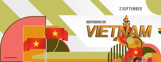 Vietnam Independence Day banner in modern geometric style. Wide banner for celebration day with flags and typography. National holiday celebration backgrounds. Happy Vietnam Independence Day vector