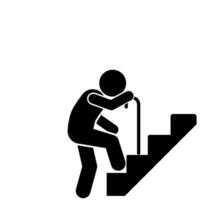 illustration of an elderly stick figure flat character with a cane climbing a staircase vector
