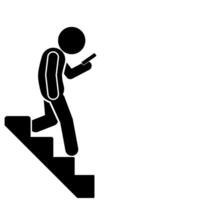 Illustration of a flat stick figure character walking down a staircase holding a cell phone vector