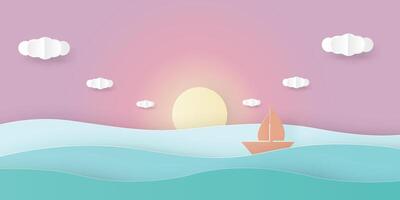Sea view with sun set sky, floating sailing boat and cloud. Paper art cut out styled. illustration vector