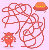Help cute alien monster find path to UFO spaceship. Labyrinth. Maze game for kids. Messy line children logic game. Confusing path lines illustration. vector