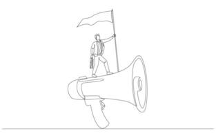 Continuous one line drawing of businessman standing on megaphone to raise flag, successful business communication concept, single line art. vector