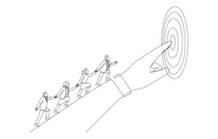 Continuous one line drawing of business people walk following big pointing hand toward target, leadership to guide team direction concept, single line art. vector