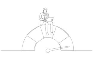 Continuous one line drawing of businessman working on best performance gauge, working with high performance concept, single line art. vector