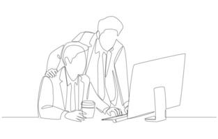 Continuous one line drawing of two businessmen looking at computer screen to check work, collaboration in office concept, single line art. vector