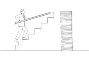 Continuous one line drawing of businessman drawing stair to reach high coin stack, increase revenue, growing wealth concept, single line art. vector