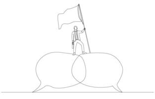 Continuous one line drawing of businessman raising flag standing on connected speech bubbles, successful mediator in business negotiation, skill to compromise concept, single line art. vector
