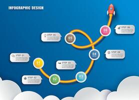 Startup business infographics with 6 data template. Illustration abstract rocket paper art on blue background. vector