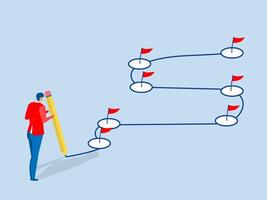 workflow line or working process with achievement flag milestones.businessman project manager holding big pencil to check completed tasks in project management timeline. vector