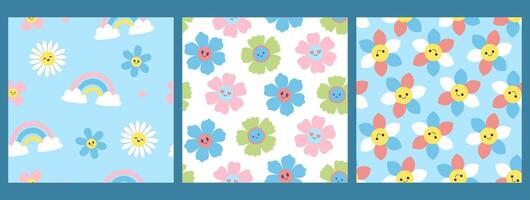 Set of seamless patterns with cute flowers. graphics vector