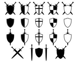 shield with sword set icon silhouette, illustration of medieval swords and shields isolated on a white background vector