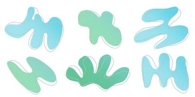 Blue green liquid halftone drops water shapes set, splashes collection. Paint spot, blot, rain puddle, oil blobs. Irregular abstract graphic design elements Transparent background. illustration vector