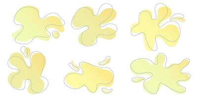 Yellow liquid halftone drops water shapes set, splashes collection. Paint spot, blot, rain puddle, oil blobs. Irregular abstract graphic design elements Transparent background. illustration vector