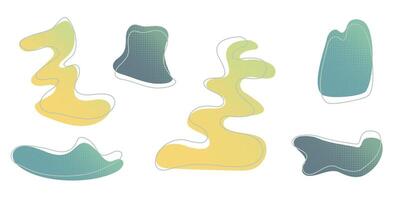 Yellow green liquid halftone drops water shapes set, splashes collection. Paint spot, blot, rain puddle, oil blobs Irregular abstract graphic design elements Transparent background illustration vector