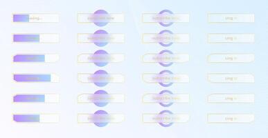 Glass morphism effect. Set of transparent frosted acrylic buttons and loading bars. Blue gradient circles on white background. Realistic glassmorphism matte plexiglass shape. illustration. vector