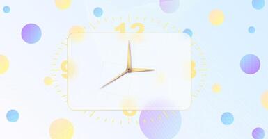 Clock glassmorphism effect. 3d style rectangle timer Gold clock face and hands on white blue background for mobile app design. Business icon. Modern concept indication of time. vector