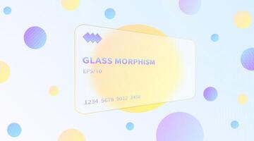 Glass morphism effect. Transparent frosted acrylic bank cards. Orange yellow gradient circles on white blue background. Realistic glassmorphism matte plexiglass shape. illustration. vector