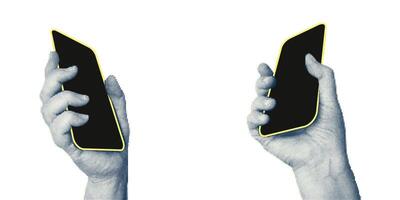 Collage with halftone style hands hold smartphone Minimalist metaphor concept finance-themed, mobile applications, online sales, social media. Idea for web banner Cutouts magazine. illustration vector
