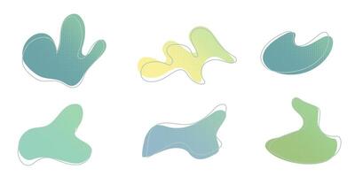 Yellow green liquid halftone drops water shapes set, splashes collection. Paint spot, blot, rain puddle, oil blobs Irregular abstract graphic design elements Transparent background illustration vector