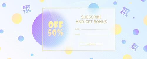 Glass morphism effect. Transparent frosted acrylic card. Discount Subscription form. Blue yellow gradient circles on white background. Realistic glassmorphism matte plexiglass shape. vector