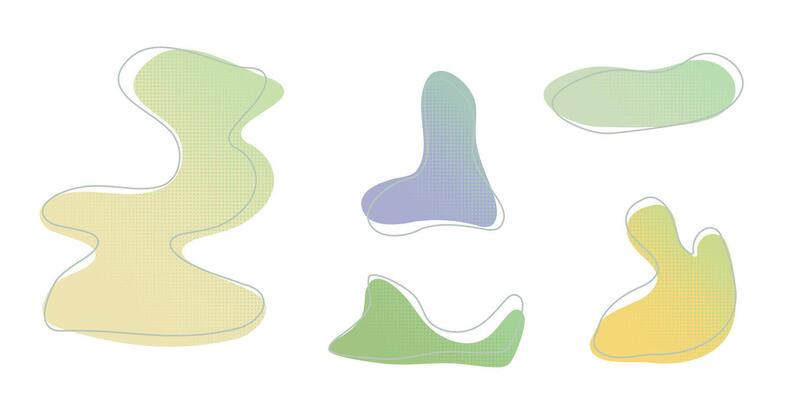 Yellow green liquid halftone drops water shapes set, splashes collection. Paint spot, blot, rain puddle, oil blobs Irregular abstract graphic design elements Transparent background illustration