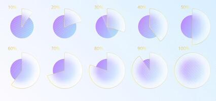 Glass morphism effect. Set of transparent frosted acrylic chart infographic percent. Blue gradient circles on white background. Realistic glassmorphism matte plexiglass shape. illustration. vector
