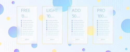 Glass morphism effect. Transparent frosted acrylic card. Subscription plan select. Yellow gradient circles on white blue background. Realistic glassmorphism matte plexiglass shape. illustration vector