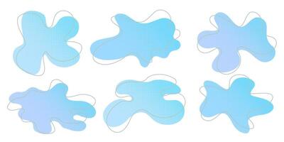 Blue liquid halftone drops water shapes set, splashes collection. Paint spot, blot, rain puddle, oil blobs. Irregular abstract graphic design elements Transparent background. illustration vector