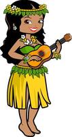 A Hawaiian hula woman playing music with her guitar in a grass skirt and exotic flowers. Luau party Hawaii woman with music. vector