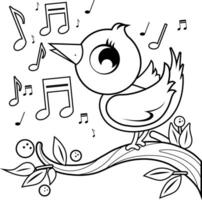 A cute green bird singing on a tree branch. Happy springtime songbird in nature. Black and white coloring page vector