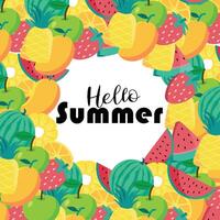 Frame hello summer and fruit background vector