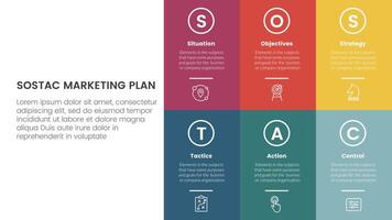 SOSTAC marketing planning model infographic with big fullpage box on right side with 6 step points for slide presentation vector