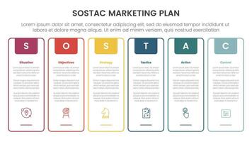 SOSTAC marketing planning model infographic with outline tall box creative header badge with 6 step points for slide presentation vector