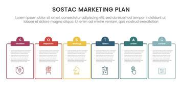 SOSTAC marketing planning model infographic with outline table and half circle header with 6 step points for slide presentation vector