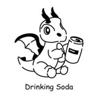 Get this doodle icon of dragon drinking soda can vector