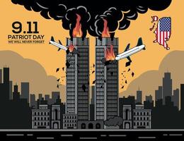9 11 attack, USA Patriot Day illustration, an airplane is going to crash the architecture vector