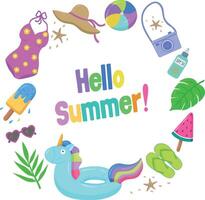 Hello Summer background template. Greeting Hello, summer with colorful beach elements in the form of a hat,ice cream, swimsuit,starfish, sunglasses,unicorn,camera, slippers. Banner,background vector
