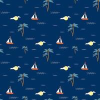Summer vacation seamless pattern with palm tree, coconut, ship, sun and waves. Aloha party, Hawaii concept. Can be used in textile and wallpaper, wrapping-paper design. vector