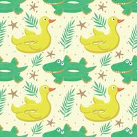 Seamless pattern with green inflatable crocodile and yellow duck. A float for the pool. Inflatable colorful crocodiles and a duck. A swimming circle. template for your summer beach design vector