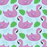 Seamless pattern with pink flamingos and palm leaves. A float for the pool. Inflatable pink flamingos. A swimming circle. pattern for your summer beach design vector