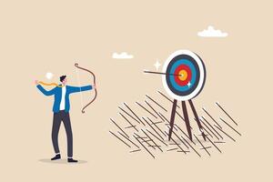 Practice develop success, effort to improve and achieve target, mistake, failure and discipline to keep practice and reach goal concept, businessman practicing archery with mistakes until success. vector