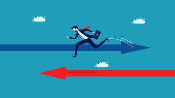 businessman running on an arrow, with a red arrow pointing to the right vector