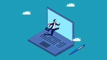 isometric business man running on laptop computer vector