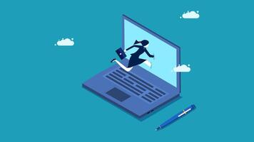a woman running on a laptop screen with clouds in the background vector
