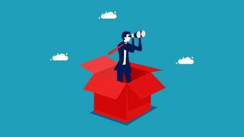a man in a suit is standing in a box with a red arrow pointing to the sky vector