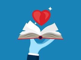Reading for inspiration. Open a book and find heart vector